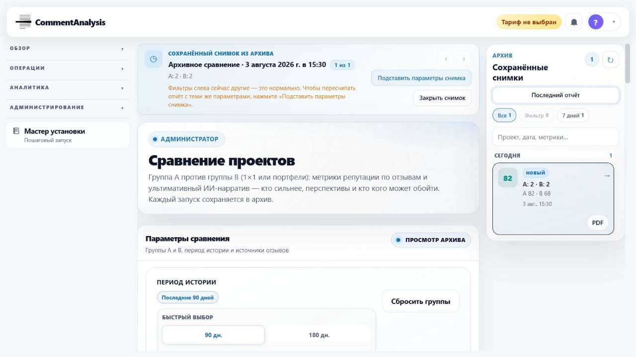 Настройка групп филиалов и периода сравнения в Отзывы 360